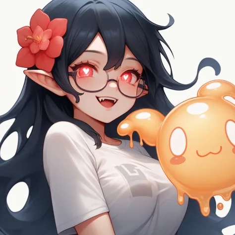 score_9, score_8_up, score_7_up, source_anime, female, semi-rimless eyewear, fangs, humanoid pointy ears, red eyes, black hair, long hair, glowing eyes, hair flower, white background, symbol-shaped pupils, white background,Adorable Cute Slime Girl . Very K...