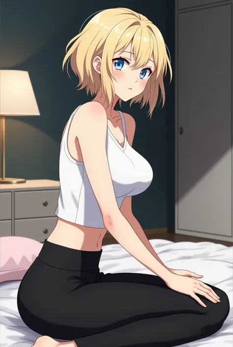 35-year-old adult woman with short blond hair with light blue eyes with big breasts wearing a short white sleeveless shirt and tight black yoga pants in the background of an empty bedroom(hentai anime version ).