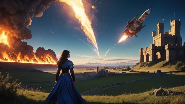  A female magician looks high in the distance a small burning spacecraft (all on fire )  falls over a medieval fortress in the distance . fields, day, blue sky, fantasy.  full-length woman .