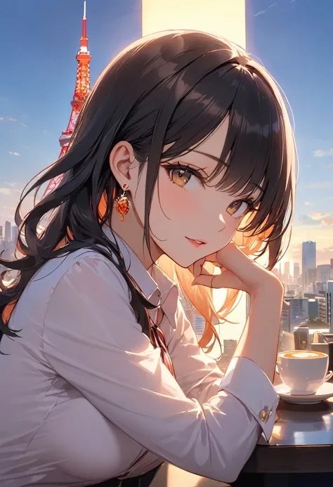 masterpiece,best quality,ultra detailed,high resolution,16k, beautiful,   1 girl,  black long hair by lla,Business shirts、 earrings for a woman alone, Outdoor、Married Woman,sunlight、Clear skies、Cafes in Tokyo、Skyscrapers in the background、 Tokyo tower 、bew...