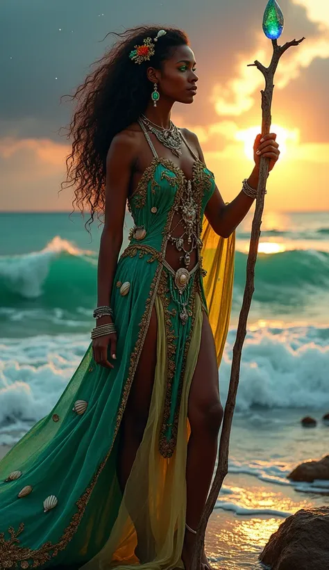 A mystical, otherworldly witch stands on the vibrant, sun-drenched shores of Jamaica, her deep brown skin shimmering with an ethereal glow. Her eyes are an intense, luminous turquoise, seeming to capture the Caribbean sea itself, shifting with a deep, prim...