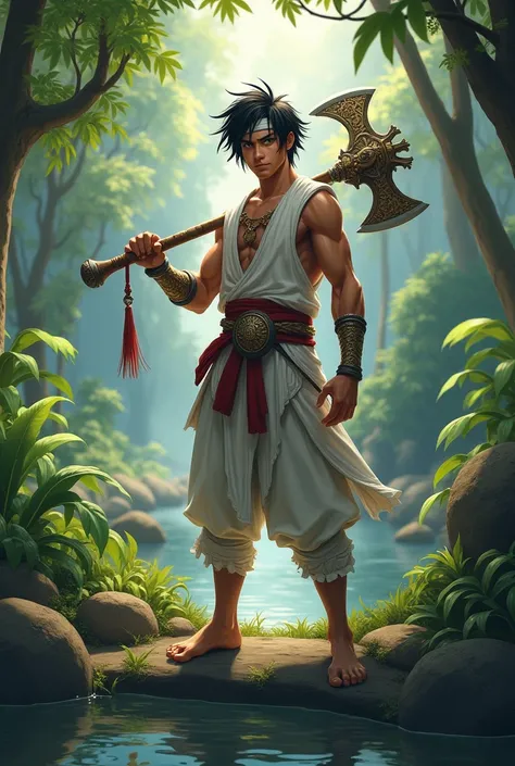 "Wiro Sableng stands proudly with the legendary Naga Geni 212 ax in his hand, against a small river in the middle of a beautiful tropical forest. He has short, messy black hair, wears a white headband with a small knot sticking out at the back. His costume...