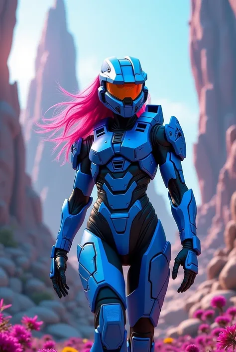 halo female spartan with blue armour and pink hair in the middle of a battlefield in an alien world