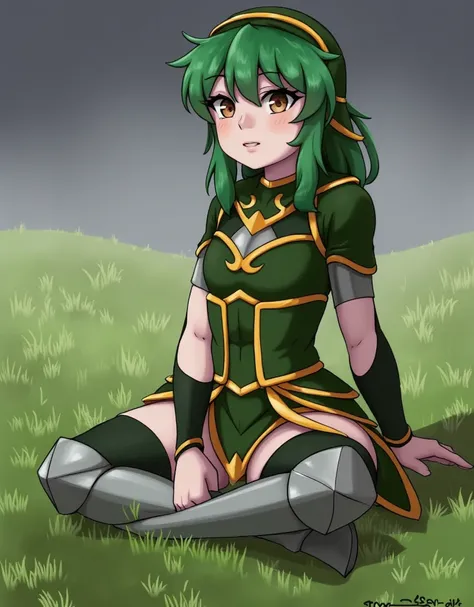 1 girl, sitting on grass, spread legs, armored panties