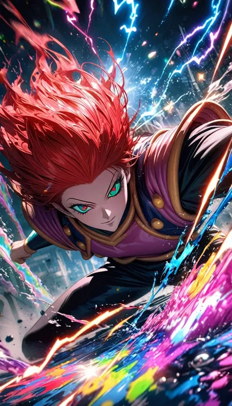 absurdres, highres, ultra detailed, HDR, masterpiece, extremely detailed face and eyes, Hisoka , red hair ,Hunter x hunter , solo, man, handsome, , , Epic fight scene, colorful water splashing effect,colorful lightning  effect,glowing glitters, symetrical ...