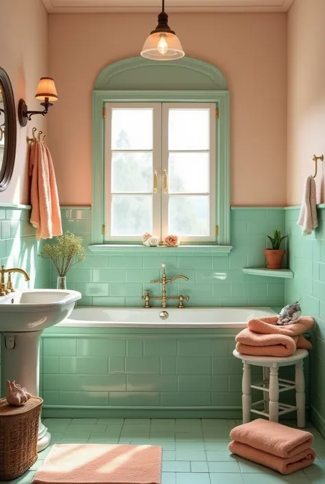 Bathroom. Use mint green tiles for the shower area, complemented by peach accents in towels and decor. Consider a vintage-style sink and round mirrors to enhance the retro vibe.