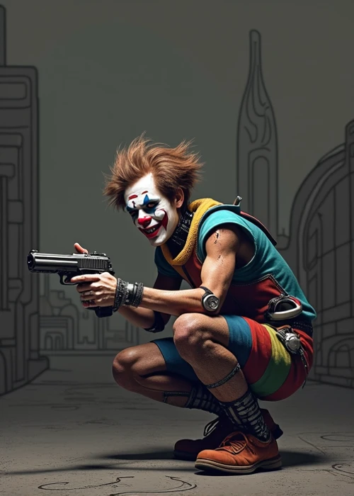 realistic portrait, aged 22, young male naughty clown, messy brown hair, crouching, robotic body leaning backward, playing with a short gun, simple outlined sci-fi dark city in the background.