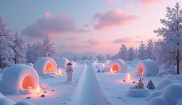  the horizon can be seen on a large realistic snowfield and the sky at dusk that gives off a light pink color、sunset、You can see the 、lots of、 kamakuras made of realistic snow are randomly arranged 、 snowman、A dome-shaped snow chamber made of snow 、Lantern...