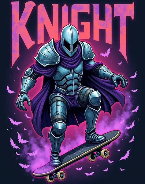 creative logo illustration fantasy style of mediavel warrior with an intricate silver armor riding a skateboard surrounded by purple bats, featuring the word (  KNIGHT RIDER ), in big bold creative font style colorful font style, artfully bended and integr...