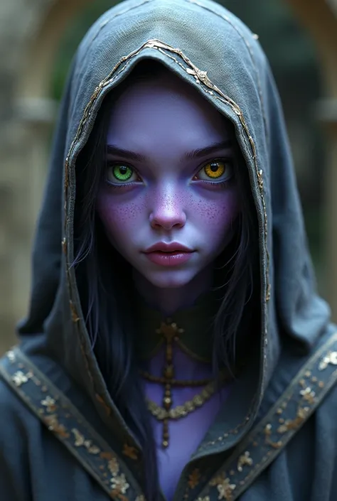 The person is about 170 cm tall, with light purple skin, one eye is green, the other is yellow. Dressed in a medieval style, wearing a hood.