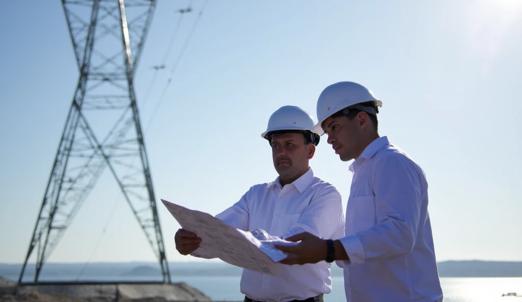 Create a realistic photograph of two white engineers in construction clothing with safety helmets monitoring power line in the background in Croatia. The helmet and some detail of the clothing can be dark purple. they can look at some electrical blueprint ...