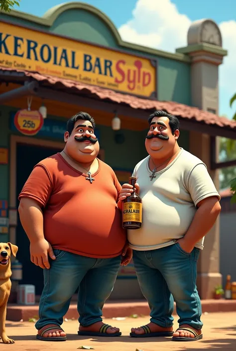 A foreign liquor shop in kerala in front of it are two fat funny guys with mustaches t-shirt jeans one is holding a liquor bottle... looking straight.. a dog is standing nearby... the liquor shop name behind it is "Kerala Bar"  2d hd