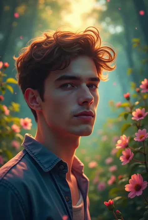 The most handsome young man showing her full face background a Forest with  sun lights  garden, translucent , rainbow-colored , iridescent glow, peaceful atmosphere, lush green foliage, blooming flowers, twinkling stars, gentle breeze, inviting sky, captiv...