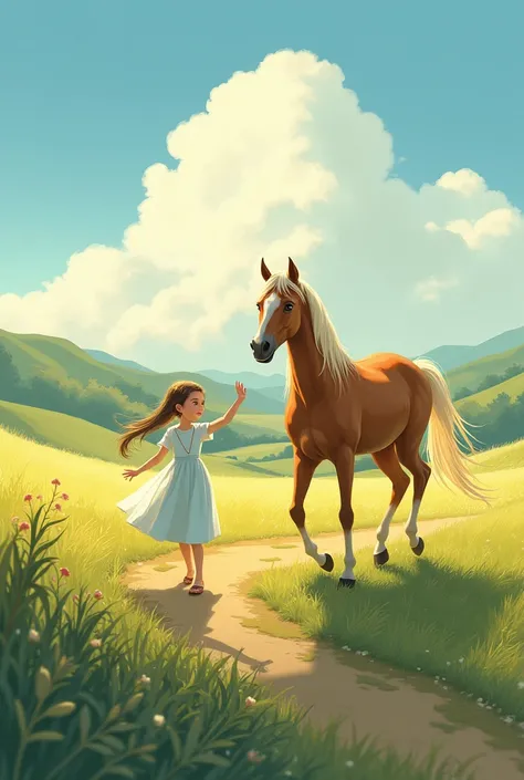 Picture illustration of a girl walking in the sun with a horse about 