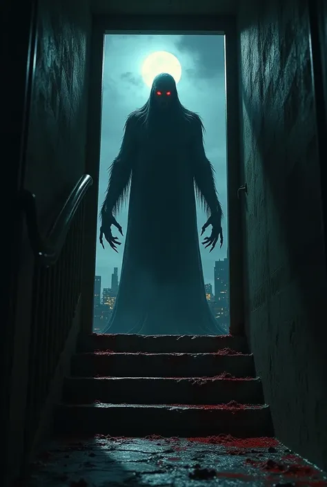 close up of a horrifying black figure with glowing red eyes and bloody razor sharp fingers standing outside an open door  at the top of a staircase on the roof of a dark hotel at night, nightmare, highest definition, highest detail, highest quality, night ...