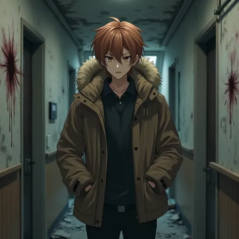 ((1 anime handsome guy)), ((male features)), (cramel colored middle length hair),(brown eyes),(errie vibe),(in abandoned building),(background:surrounded with white dirty walls with old blood strains on them),(wearing parka jacket and black pants),(express...