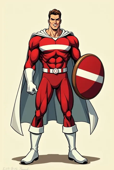 make me a comic book cover for captain Latvia (from the european country Latvia), White boots, No green, carmine red, horizontal white stripe, Holding circular shield, Smiling proudly