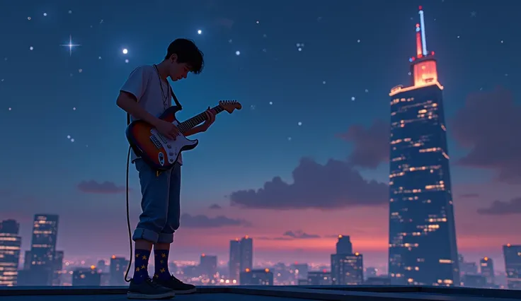 realistic guy on the roof of a high-rise building plays guitar solo , evening ,  starry sky on socks 