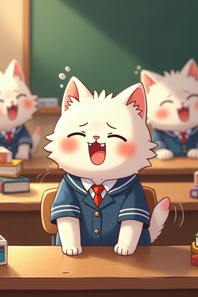 A cute white cat with his school uniform,
Reading in class room with all the class mates Suddenly his stomach starts to hurt, and next part pee in the pants, we want to see pee in his pants, his class follow cute cat helping him