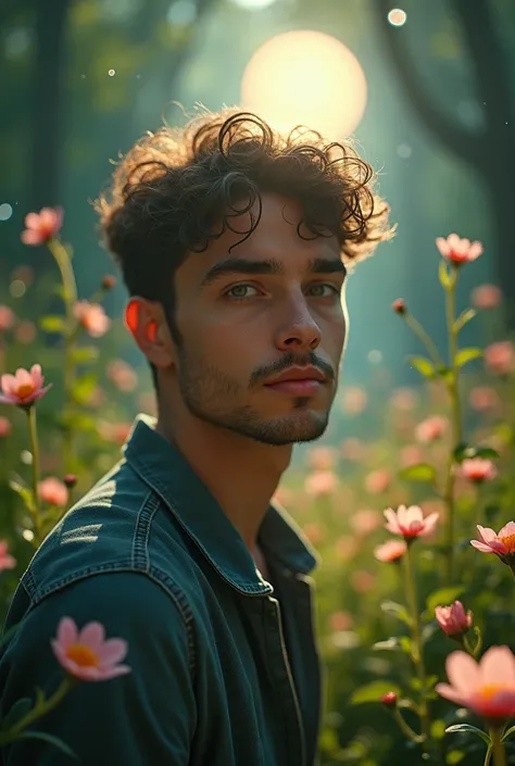 The most handsome young man showing her full face background a Forest with  sun lights  garden, translucent, lush green foliage, blooming flowers, twinkling stars, gentle breeze, inviting sky, captivating moon, dreamlike setting, whimsical elements, magica...