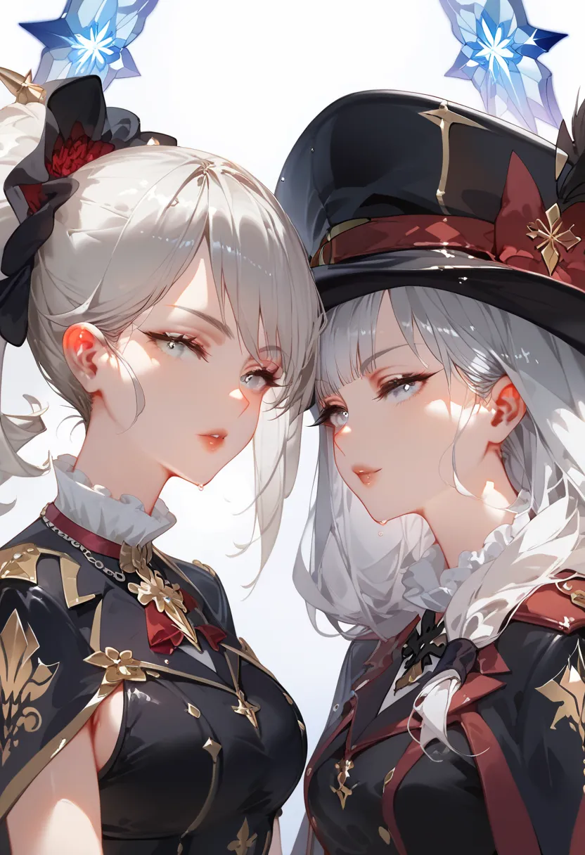 Two intimate celestial women，silver Hair，One a etheral witch the other an etheral sword saint. short white woman, two tone hair, glowing silver eyes, black outfit with silver framed gemstones. white and warm cameo colored cover, hat with long brim black an...