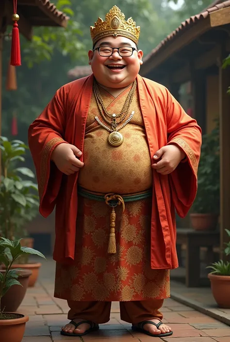 Smiling fat man happy full body pose wearing glasses in malay attire realistic photo