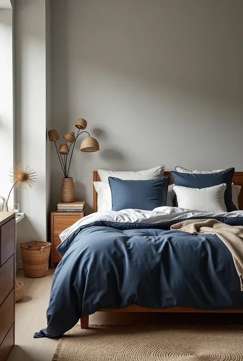 Bedroom. Opt for a soft gray for the walls and navy blue bedding. Incorporate wooden furniture and woven baskets to add warmth and interest to the space.