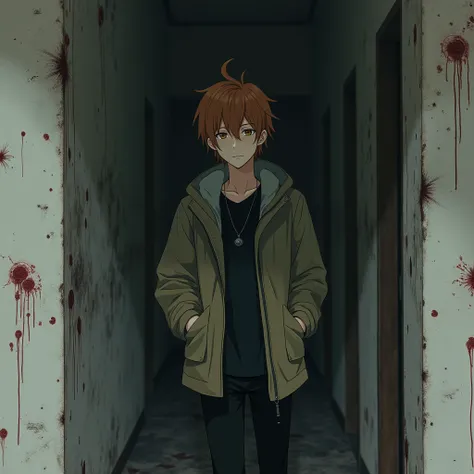 ((1 anime handsome guy)), ((male features)), (cramel colored middle length hair),(brown eyes),(errie vibe),(in abandoned building),(background:surrounded with white dirty walls with old blood strains on them),(wearing parka jacket and black pants),(express...