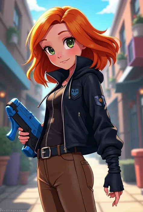 From Disney In Infinity Anime Style Kimberly Ann Possible With Blue Weapon In Mini Fight Orange Hair Cool Evil Black Jacket Zipper Brown Pants 