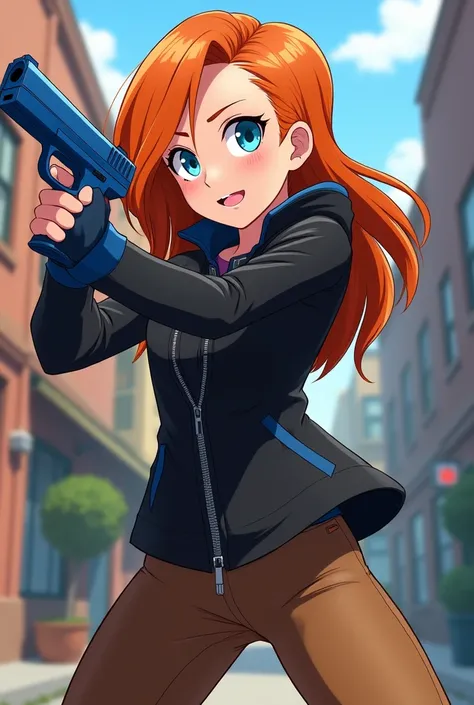 From Disney In Infinity Anime Style Kimberly Ann Possible With Blue Weapon In Mini Fight Orange Hair Cool Evil Black Jacket Zipper Brown Pants 