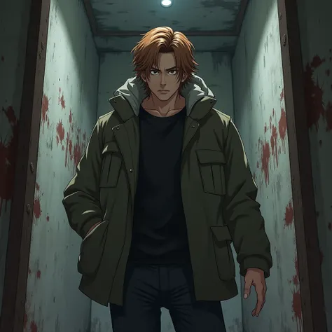 ((1 anime handsome guy)), ((male features)), (cramel colored middle length hair),(brown eyes),(errie vibe),(in abandoned building),(background:surrounded with white dirty walls with old blood strains on them),(wearing parka jacket and black pants),(facial ...