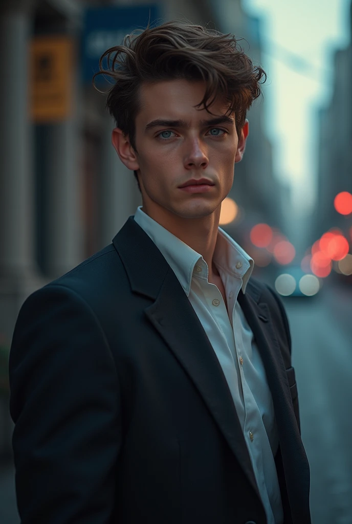 Guy 18 years old, brown short hair, beautiful face, hard facial features, height 195, blue eyes, athletic body, anime reskin style,tee,((masterpiece)), ((best quality)) ,(super detailed), solo, [Looking at camera], standing, cinematic lighting,perfect ligh...