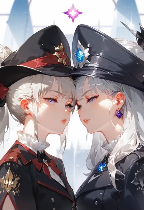 Two intimate celestial women，silver Hair，One a etheral witch the other an etheral sword saint. short white woman, two tone hair, glowing silver eyes, black outfit with silver framed gemstones. white and warm cameo colored cover, hat with long brim black an...