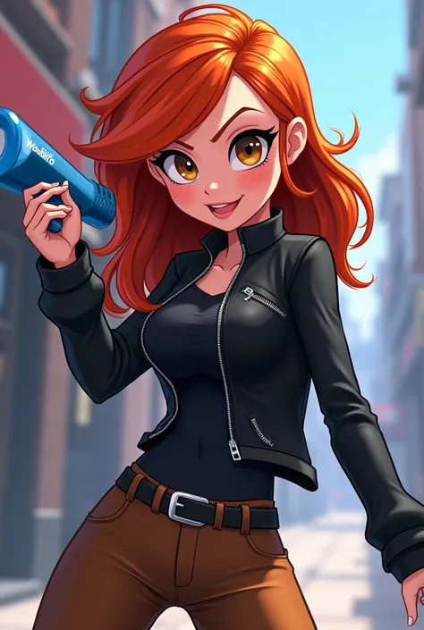 Aus Disneys Infinity-Anime-Stil: Kimberly Ann Possible with blue weapon in mini fight,  orange hair , cool evil black jacket,  zipper, brown pants 