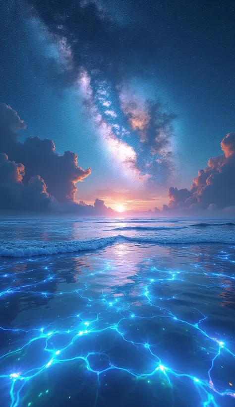 a breathtaking fantasy seascape, a sea of stars, stars liquified and forming the ocean, dazzling luminescent stardust, holographic mirror-like reflections, transparent rainbow-colored iridescent coating, multiple exposures layered, gentle ocean waves, dram...