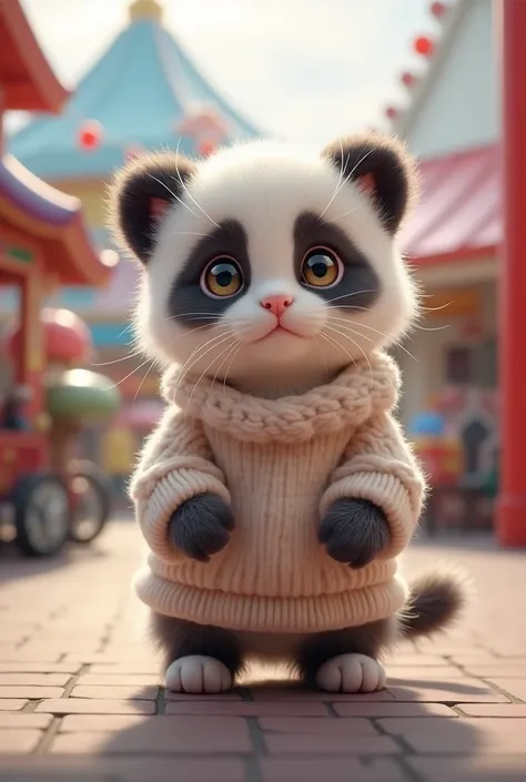  cute kitten、 looking at the camera、 stand like a human 、 facing the front 、 a panda headband、 wear a fluffy sweater 、Realistic、 Japanese amusement park with a realistic background 、Make the kitten smaller 