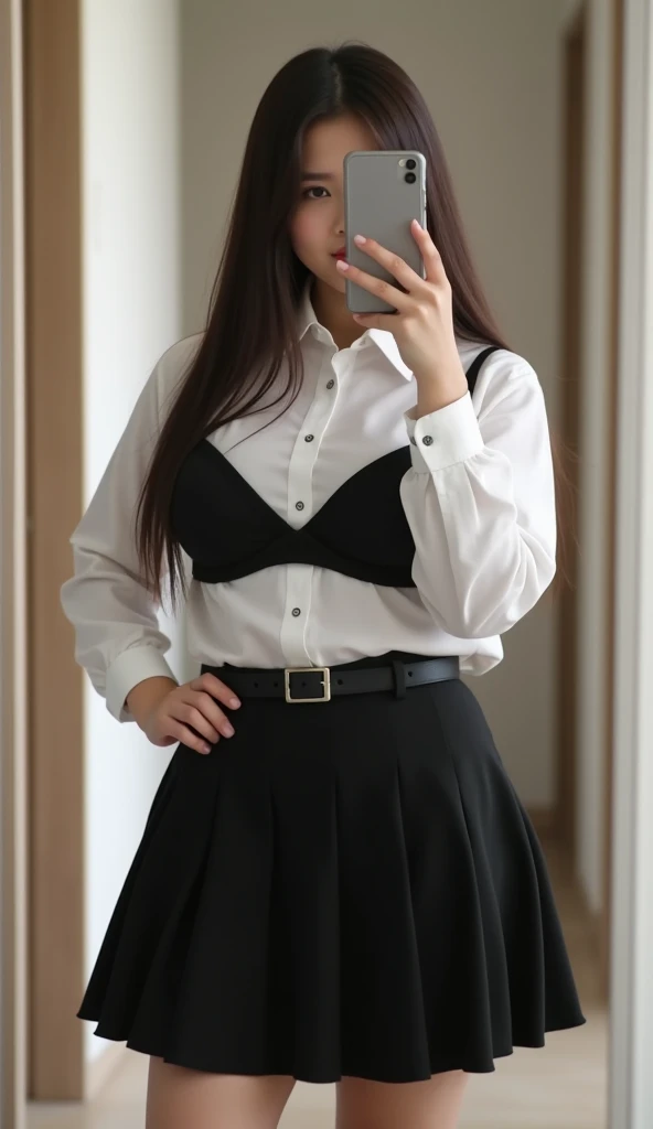 A chubby girl wearing a formal student uniform consisting of a white button-up and see through black bra shirt and a black skirt, paired with a black belt. She has long, straight hair and is taking a selfie in a mirror, holding a smartphone that partially ...