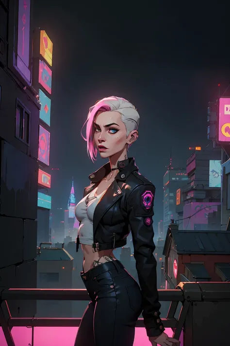 (Masterpiece:1.2, Best quality, cyberpunk), (real photo, Intricate details), (1lady, solo, Slender body, small breast,)，old face  Experiment with appearance：Shave your head or white barbershop style short hair color，Barbershop hairstyle, Slender, figure, S...