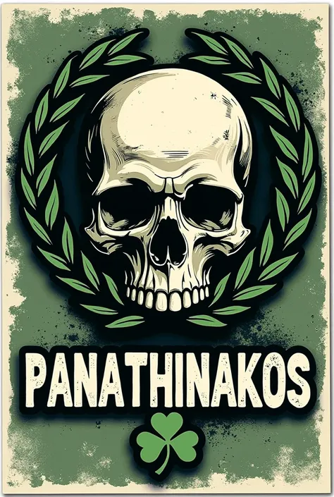 Make me a a sticker of a greece time called Παναθηναϊκός with a very gang way and a a word called δροσια make it SQAURE and instead of the of add a big skull and the words Βόρεια προάστια in tha image add an ☘️ and rewrite drosia with one s