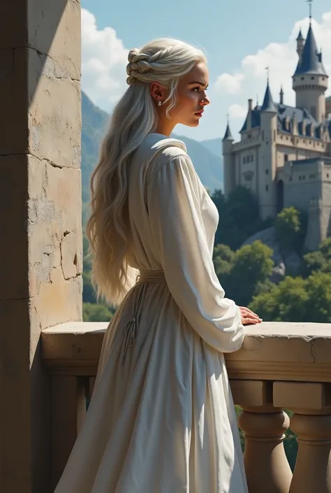 oil painting of (Cow _ Emilia Clarke ), (Long hair:1.1), (Standing on the balcony), ( white robe :1.1),  Perfect Hips , ( Castle Game of Thrones in the back:1.2), Ambient lighting,  Movie Elements , Concept art, Digital illustration,  Details,  Art by bria...