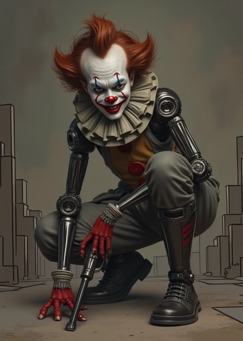 realistic portrait, aged 22, young male naughty clown, messy brown hair, crouching, robotic body, playing with a short gun, simple outlined sci-fi dark city in the background.