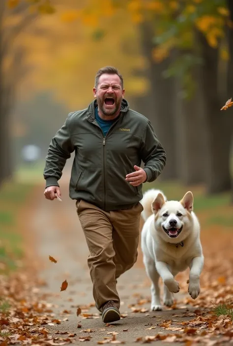 Fat man crying running from a dog