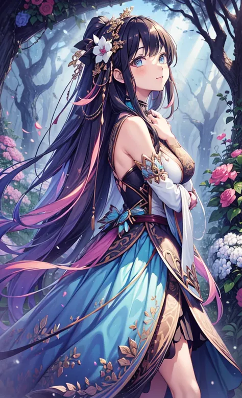 (tmasterpiece), ((Best quality)),(offcial art),(Beautiful indulgence:1.2),(a skirt),(1 girl: 1.3), Beautiful woman wearing densely designed dress, sealed in a crystal, Beautiful woman who grew up with trees，Receive seal crystal. Midnight moonlight，it emits...