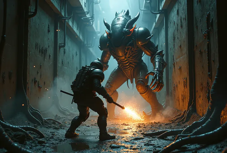 A space knight in biomechanical armor battles a monstrous alien with jagged limbs in a dark, narrow corridor; sparks fly as weapons clash, glowing veins pulse on the walls. Over-the-shoulder shot with chaotic motion, camera shake, erratic lighting, and dra...