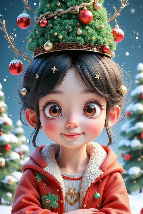 A woman with a Christmas tree hanging on her head, Cheng Yanjuns digital art, Trending on CGSociety, Fantasy Art,  trending on cgstation ,   Realistic Cute Girl Paintings , Adorable realistic portrait , 8K)), 8K high quality detailed art,  cute detailed di...