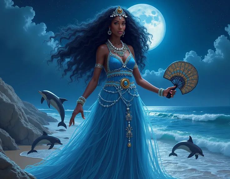 A serene and majestic representation of Yemoja, the Yoruba goddess of waters and motherhood. She is depicted as a tall, statuesque woman with luminous, dark blue skin that shimmers like the ocean under moonlight. Her long, flowing hair cascades like waves,...