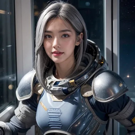  best quality by the window,  super high resolution , (realism: 1.4), Depth ,  beautiful face , (pureerosface_v1: 0.8), reply, | | 1 woman, Medium chest, ( gray hair : 1.3), pure smile ,  natural makeup , | | | Model pose, | | (spacesuit: 1.3), (Blue Armor...