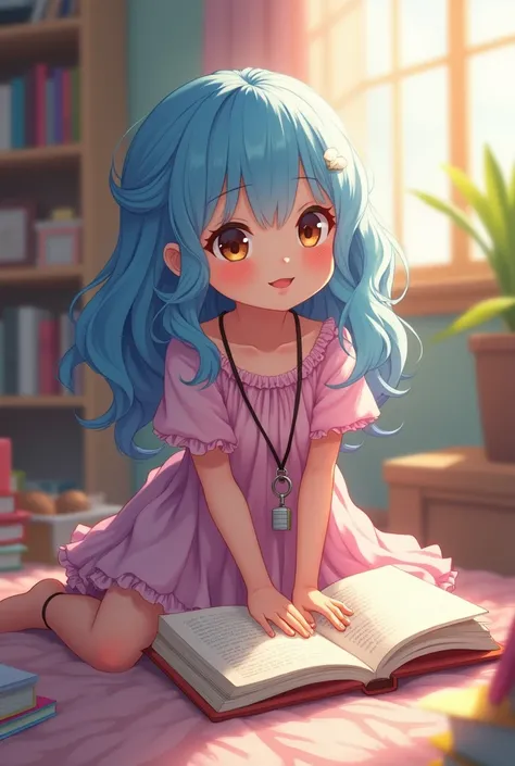 Characters in rens books , . A  girl with wavy hair is happy , (blue hair), , in a pink and lilac dress and with a lanyard with a key., . She is sitting on the floor with a book resting on her lap 