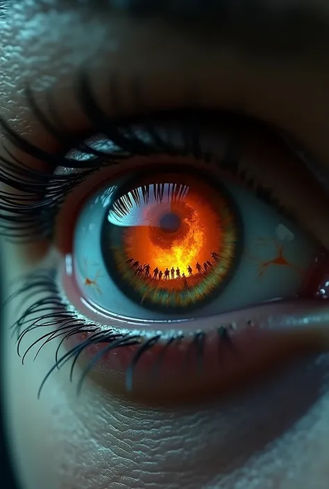 An eye showing in the iris a massacre of people at a bonfire 