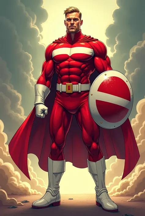 make me a comic book cover for captain Latvia (from the european country Latvia), White boots, no cape, No green, carmine red, horizontal white stripe, Holding circular shield, Smiling proudly